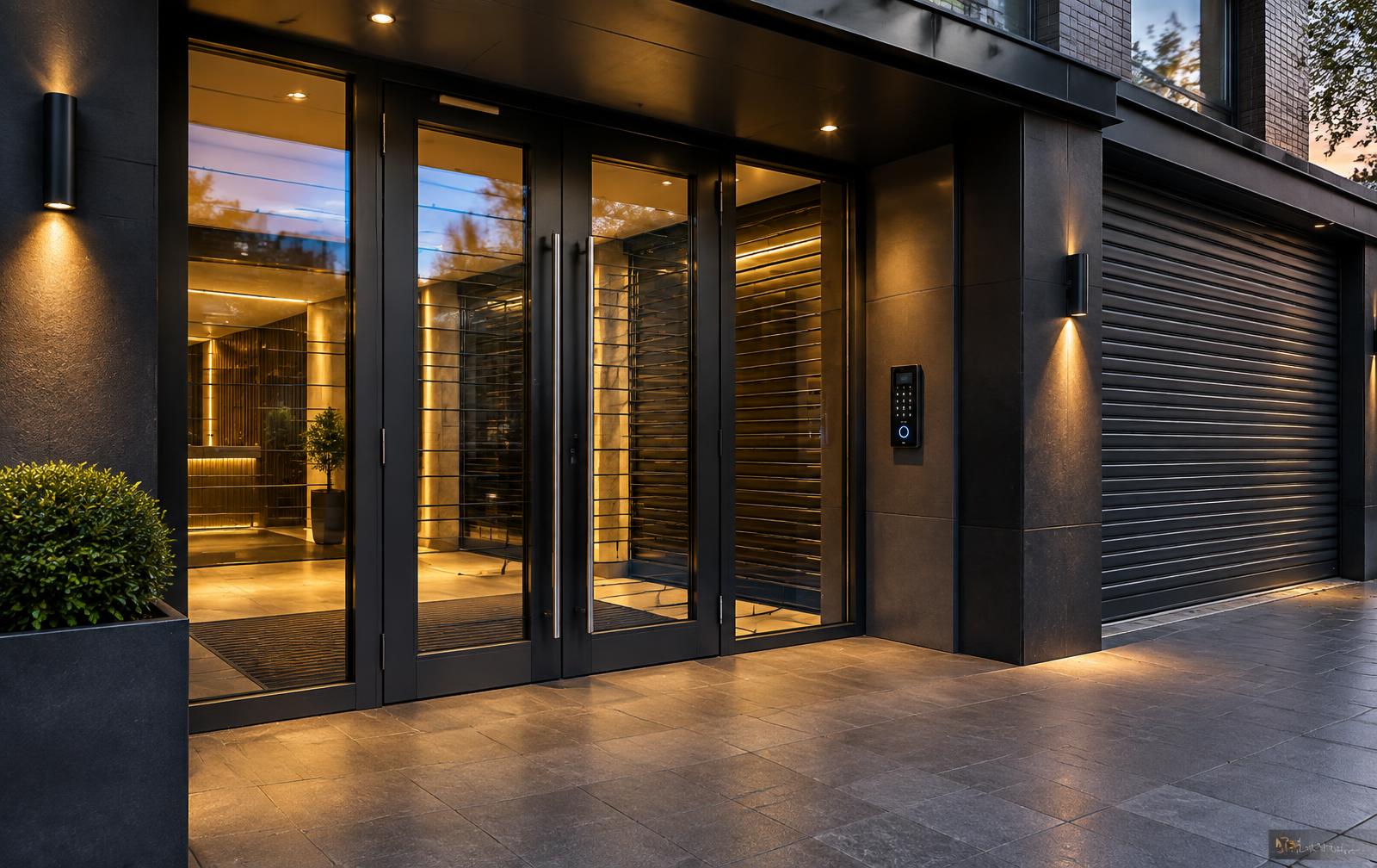 Secure commercial entrance with access control and shutter
