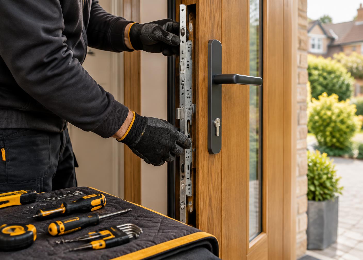 Locksmith fitting a multipoint door lock